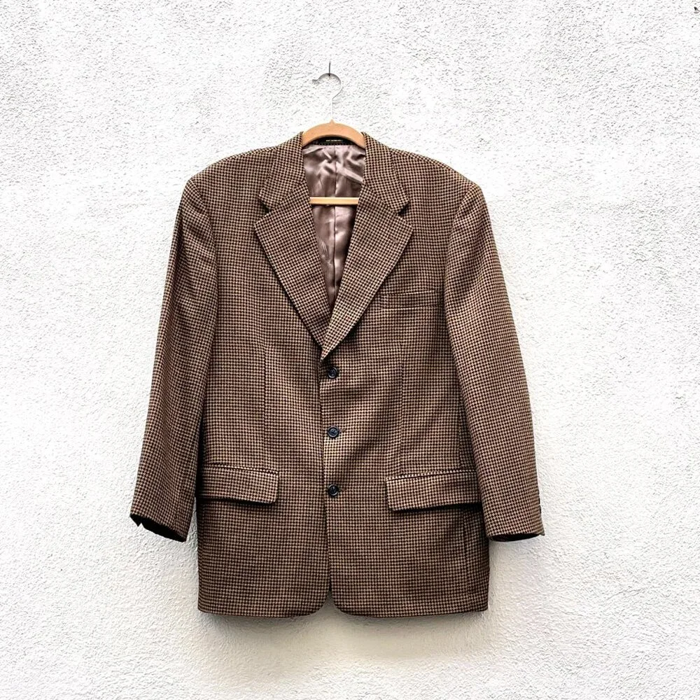 Vintage Men's Monsieur Givenchy Brown & Black Wool Houndstooth Blazer Jacket 44R